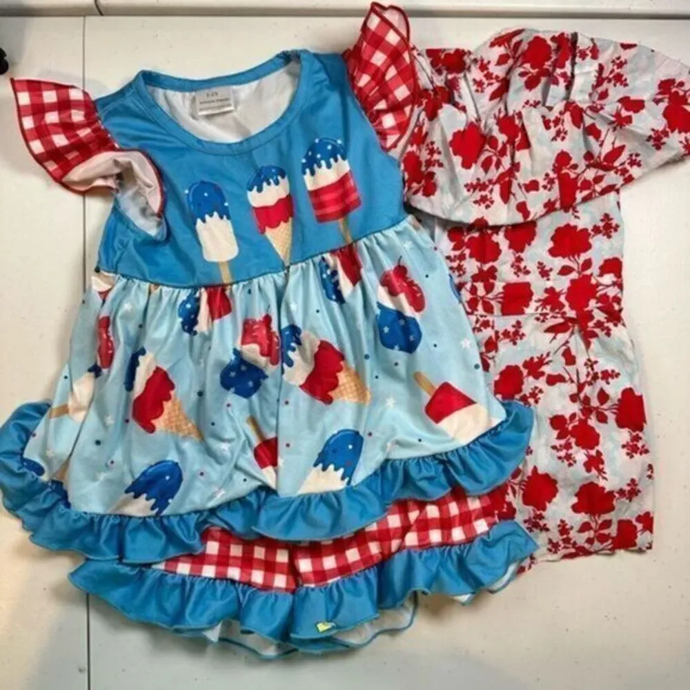 EUC Toddler Girls Lot of Romper & Short Set - Summer July 4th Ruffle Shorts - 2T